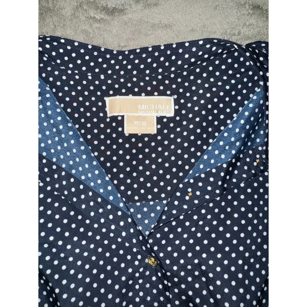 Michael Kors Women Navy Blue White Polka Dot Tunic Top Gold Buttons Size PS